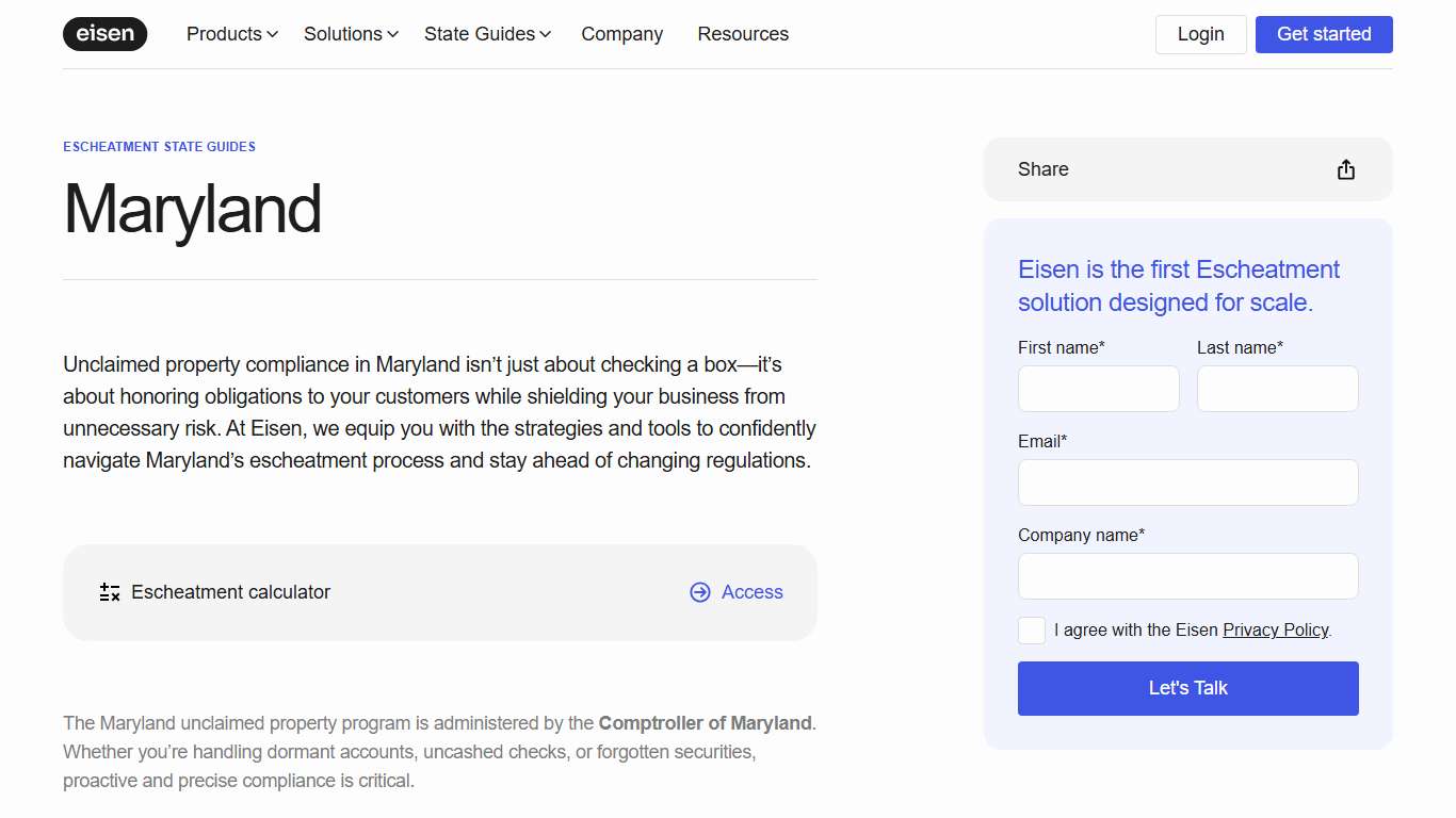 Maryland Escheatment Guide Eisen